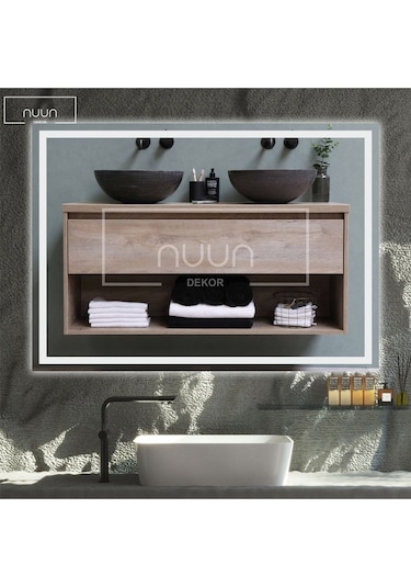 Nuun Dekor 80x60cm Beyaz Ledli Dekoratif Banyo Aynası Kumlamalı Duvar Aynası Trafolu Beyaz