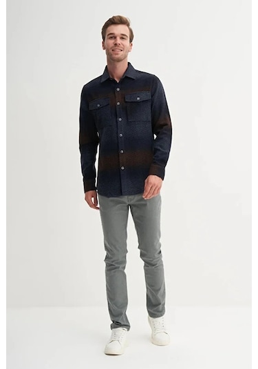 Cazador Regular Fit Cepli Oduncu Desenli Vintage Gömlek-23005 Lacivert