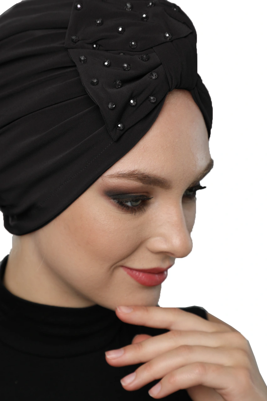 Kristal Yelpaze Taş Işlemeli Çift Taraflı Astarlı Siyah Hazır Türban Tesettür Abiye Bone Siyah