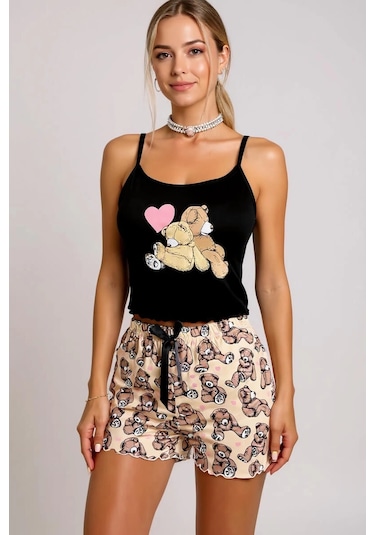 Cojans Ayıcık Desenli Askılı Şortlu Kadın Pijama Çok Renkli
