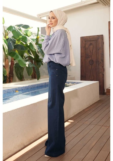 Neways 1067-denim Bol Paça Pantolon Lacivert Çok Renkli