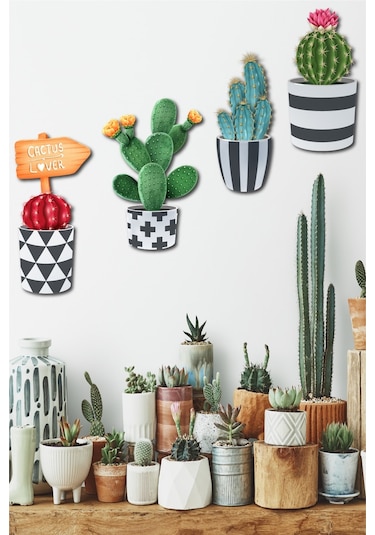 No77Decor Ahşap Kaktüs Duvar Dekorasyon Seti 4 Parça