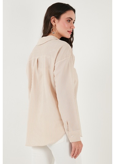 Lela Regular Fit Uzun Kollu Cepli Çizgili Bayan Gömlek 6772895 Taş