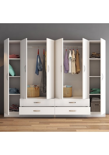 tanmob 6 Kapılı Dört Çekmeceli Geniş Gardrop Beyaz- Grd0801