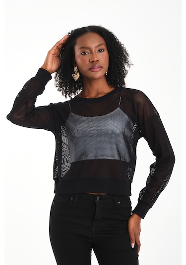 Bisiklet Yaka Petek File Bluz Siyah