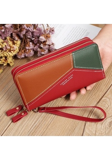 Çift Fermuarlı Bayan Uzun Çanta Ekleme Bozuk Para Çantası Kırmızı Kırmızı