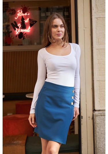 Kadın Arkadan Fermuarlı Düğme Detaylı Hafif Likralı Kumaş Diz Üstü Kalem Etek-petrol Petrol