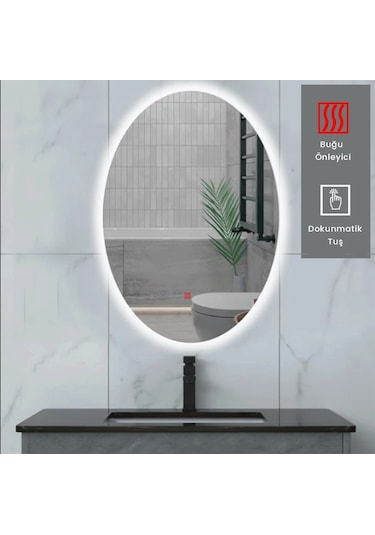 60x80 H Cm Buğu Çözücülü Ledli Elips Banyo Aynası Şeffaf