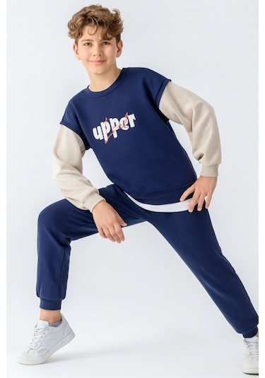 Erkek Çocuk Upper Baskılı 3 İplik Kalın Kışlık Eşofman Takımı Ak4231 Lacivert