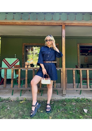 Keymoda Kadın Denim Gömlek Şort Takım Lacivert Lacivert