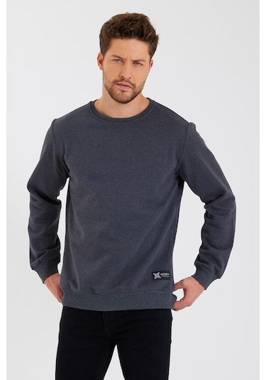 MMetalic Bisiklet Yaka Etiket Detayı İçi Pamuklu Erkek Sweatshirt Antrasit