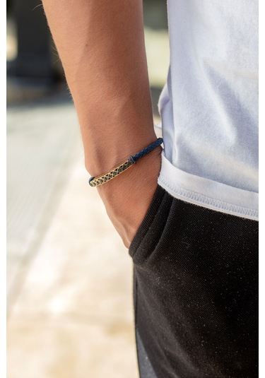 Cenova Kuyumculuk 14 Ayar Altın Taşlı Lacivert Kauçuk Erkek Bilekliği Lacivert