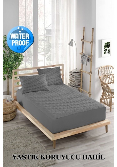 Alez Takımı Sıvı Geçirmez 3 Parça %100 Pamuk Kapitoneli Gri Tek Kişilik