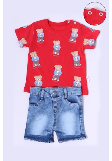 Erkek Bebek Şortlu Takım Kot Şortlu Çıtçıt Detaylı Baskılı B26 Kırmızı