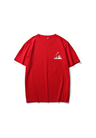 Üçgen Dağ T-shirt - Kırmızı Baskılı Oversize Bisiklet Yaka Kısa Kol Tişört Kırmızı