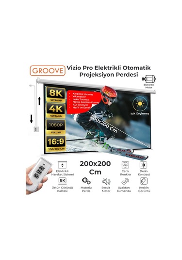 Groove Vizio Pro 200x200cm Blackout Işık Geçirmez Elektrikli Otomatik Kumandalı Projeksiyon Perdesi +motorlu+canlı Renkler+göz Koruması+leke Tutmaz Projector