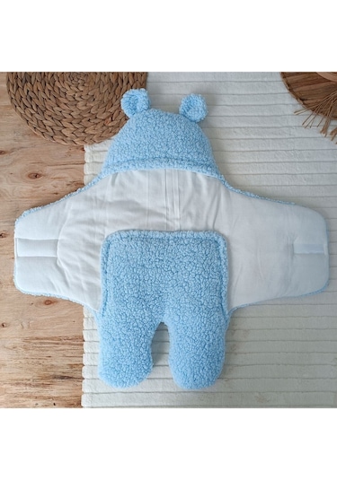 Bebek Dış Kundak Battaniyesi Pelüş Ayaklı Welsoft Uyku Tulumu Kışlık Mont Yenidoğan 0-12 Ay Mavi