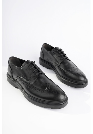 Muggo Andre Garantili Klasik Hakiki Deri Bağcıklı Ortopedik Erkek Casual Ayakkabı Siyah