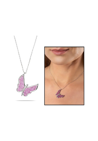 Fuşya Zirkon Taşlı Zarif Tasarım 925 Ayar Gümüş Kelebek Kolye (459601727)