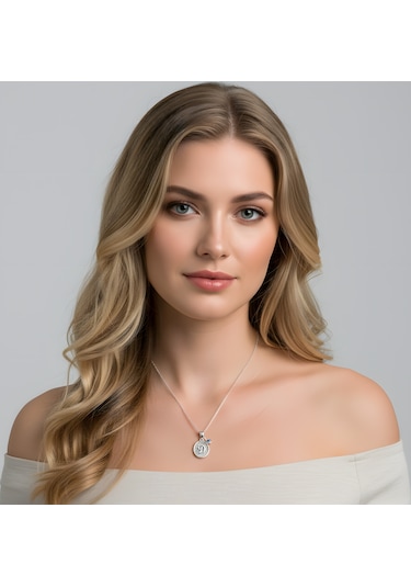 Desenli Oval Gümüş Harf Kolye - Rose Pembe