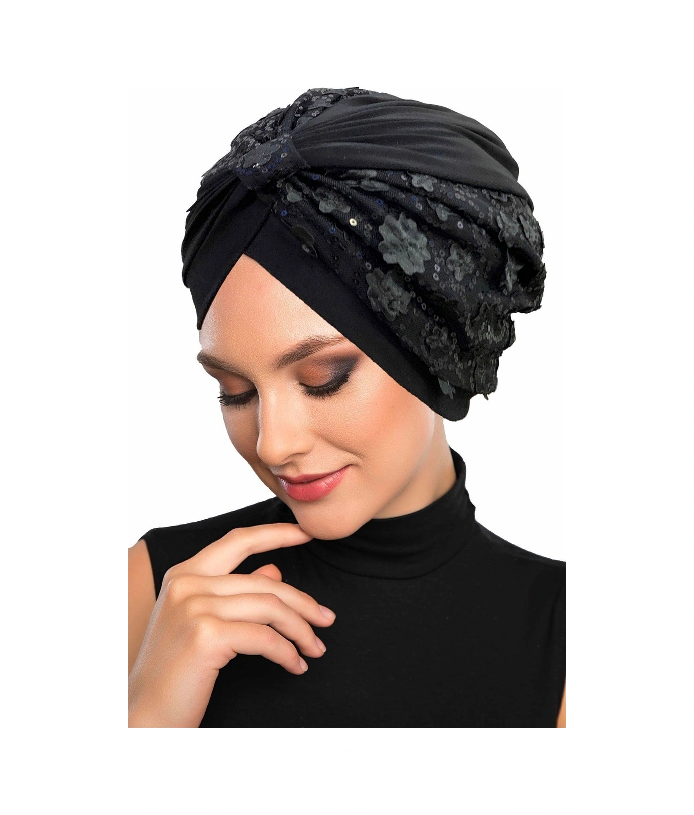 Özel Tasarım Siyah Pullu-dantel Çiçek Motifli Astarlı Hazır Türban Tesettür Abiye Bone Siyah26