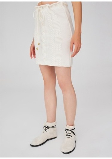 Peraluna Saç Örgü Desenli Kadın Triko Etek Ekru