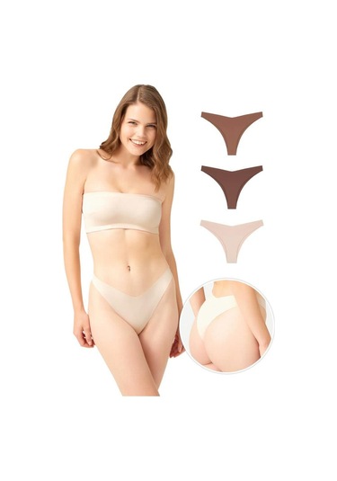 Lazer Kesim Kadın Brezilya Külot 3'lü Paket-3 Çok Renkli 4 Çok Renkli