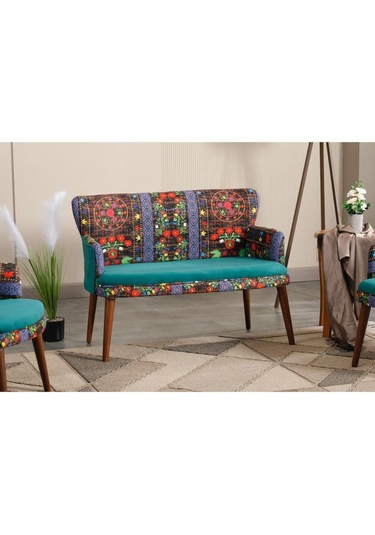 Etnik Desen Kumaş Zümrüt Yeşili Ceviz Ayak Çay Seti Koltuk Takımı Etnik