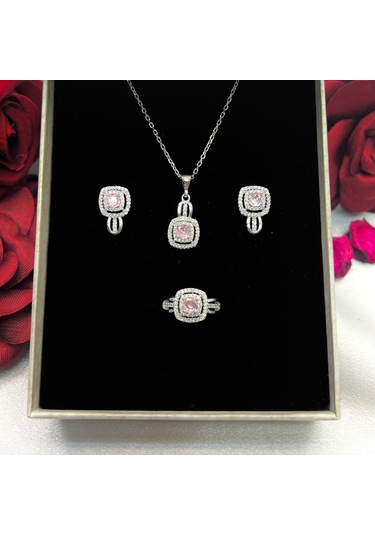 Pembe Kare Kadın 3'lü Set 925 Ayar Gümüş Zirkon Rodyumlu Taşlı Gümüş