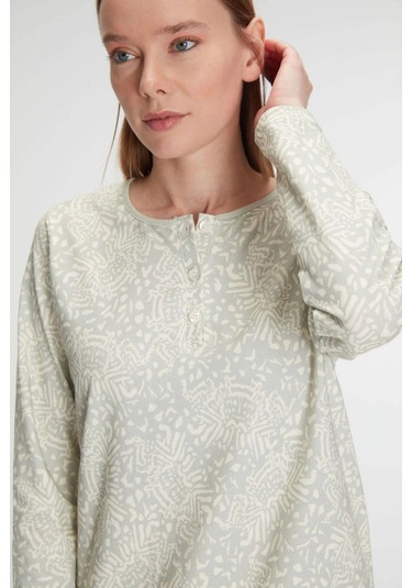 Bicomi Pamuklu Uzun Kollu Gecelik Yeşil