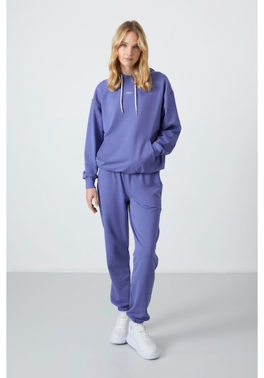 Tommy Life Eflatun Kapüşonlu Kanguru Cep Oversize Lastik Paça Kadın Eşofman Takımı - 95288 Mor