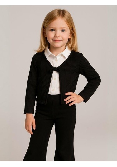 Kız Çocuk Mevsimlik Örme Bağlamalı Hırka-16070 Siyah