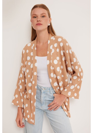 Bigdart Kadın Bej Beyaz Puantiyeli Örme Kimono 5862 001