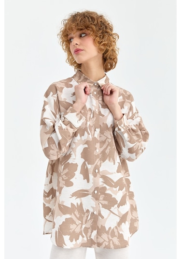 Yaprak Desenli Ferah Kumaş Pantolonlu Takım Bej Beyaz