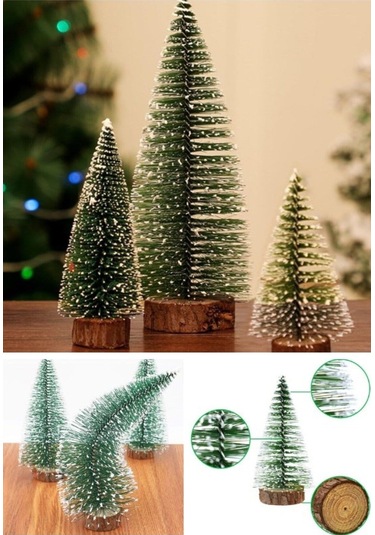 Yeni Yıl Dekoru Kar Efektli 9 Adet Yılbaşı Mini Çam Ağaçları Seti Doğal Ahşap Tabanlı 8 - 12 - 15 Cm Çok Renkli