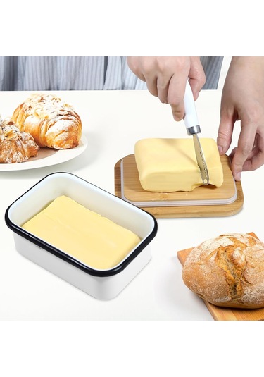 Aubyhe Güneşlenmiş Demir Ve Bambü Kapaklı Tereyağı Kutusu, Tereyağı Saklama, Taze Tutma, Kolay Yayılabilir, İki Stil Tereyağı Bıçağı İçeren Set Beyaz