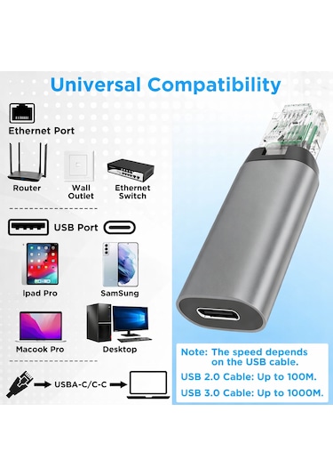 Usb-c Ethernet Adaptörü Type-c Dişi Rj45 Erkek 1gbps Gigabit Usb 3.0 Ağ Çevirici