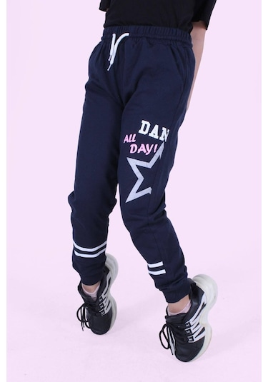 Yıldız Detaylı Yazı Baskılı Kız Çocuk Eşofman Altı Lacivert