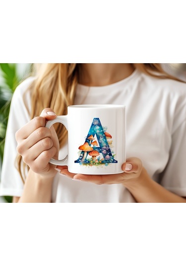 A Baş Harfi Fantastik Mantarlı Kupa Bardak - Kişiye Özel Masalsı Bardak - Hediye Beyaz