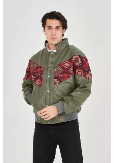 Erkek İçi Astarlı İçten Yaka Kısmı Peluşlu Suni Kumaş Vintage Ceket - Haki Haki