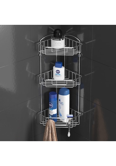 Teknotel İki Katlı Kancalı Banyo Köşe Rafı Krom Es093