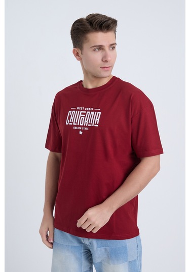 Erkek Oversize Baskılı T-shirt Bordo California Bordo