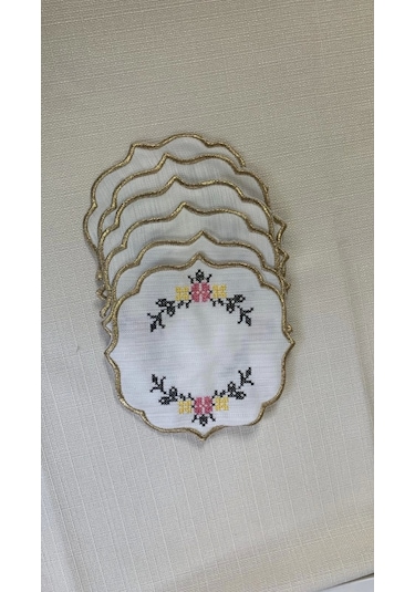 Nivemeshome Kanaviçe Nakışlı Sarı-pembe Oval 6 Adet Keten Kokteyl Peçetesi Kahve Yanı Sunumluk Çok Renkli