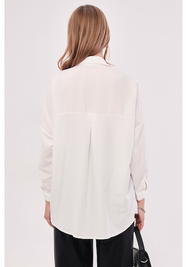 Armonika Kadın Ekru Oversize Uzun Basic Gömlek Arm-22y001118
