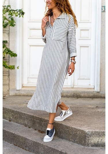 Uzun Kol Bilek Boy Gömlek Yaka Boy Çizgili Göğüs Geniş Cep Detaylı Elbise