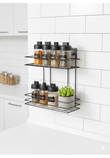 2 Katlı Siyah Mutfak Askısı, Baharatlık Rafı - Duvara Monte, Yapıştır/vidala, Paslanmaz Metal 26 X 33cm Tş-02 Siyah