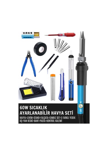 ST-60 Model Profesyonel 60W Isı Ayarlı Havya Full Parçaların Olduğu Lehim Seti