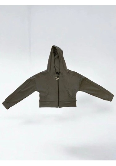Kız Çocuk Pamuklu Crop Fermuarlı Kapuşonlu Hırka-15454 Haki