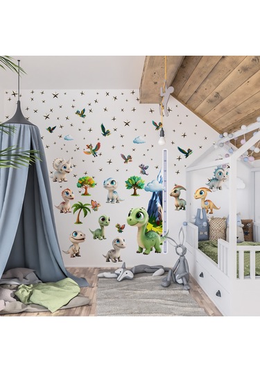 Sevimli Dinazorlar Temalı Boy Ölçerli Duvar Sticker Seti - Mat, Sökülebilir, Çocuk Odası Dekoru 01