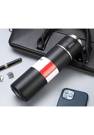 Paslanmaz Çelik Vacuum Termos 3 Bardaklı Siyah 500ml Termos Seti Siyah